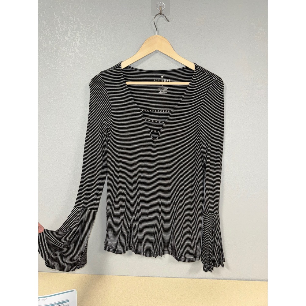 American Eagle Soft & Sexy Striped Bell Sleeve Caged V-Neck Top Black White S